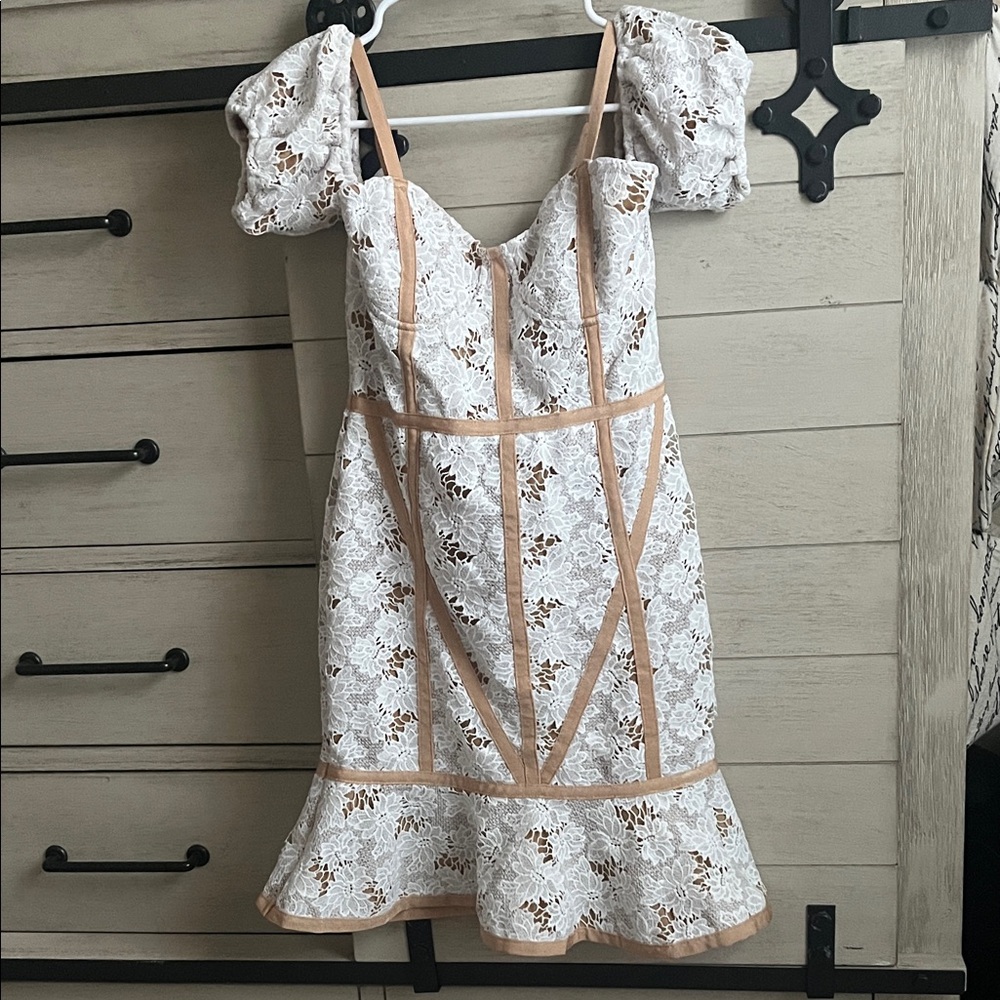 White Floral Lace Dress with Tan Trim